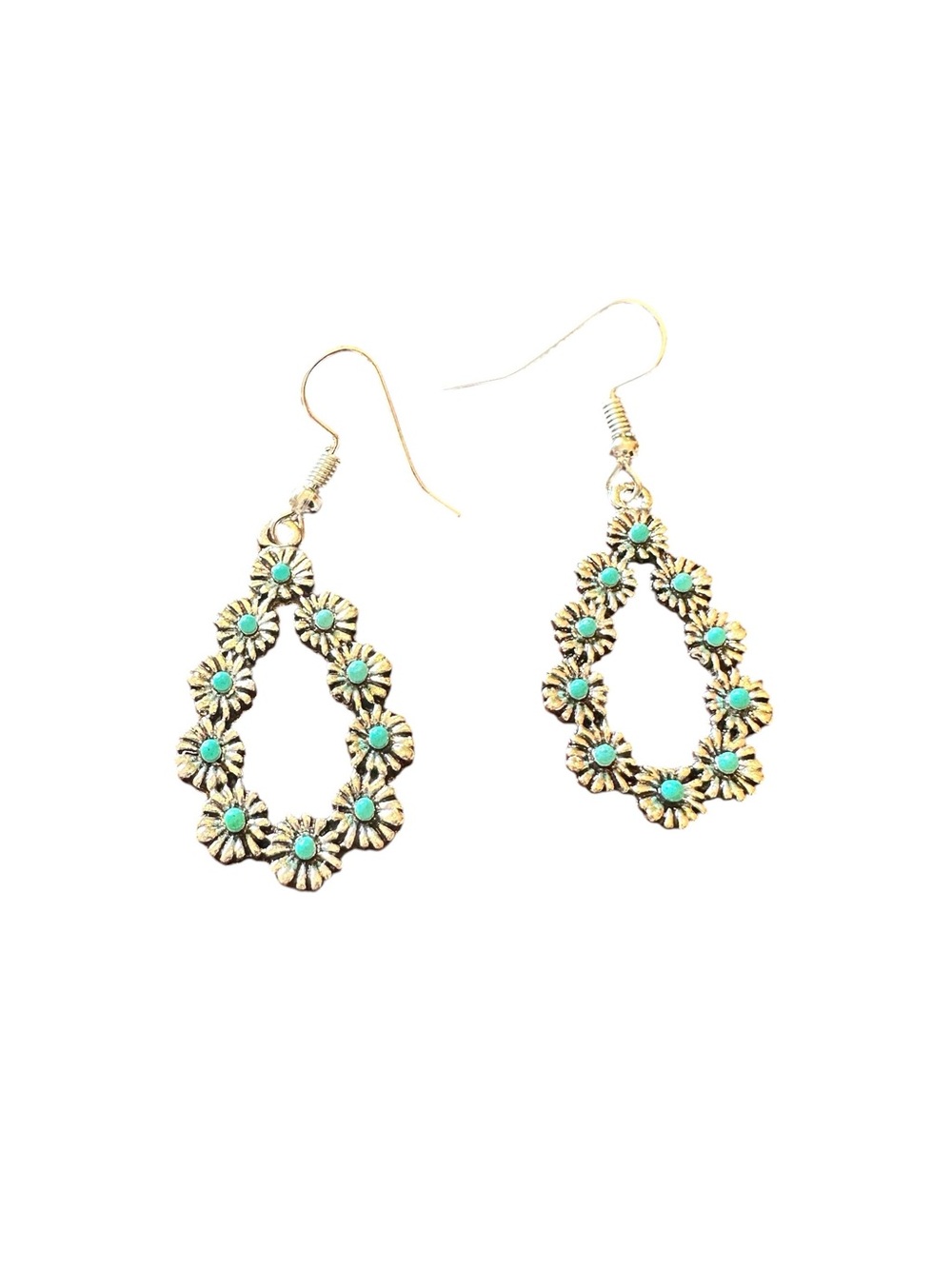 Boho Style Silver and Turquoise Daisy Design Drop Earrings